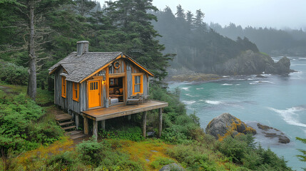 Obraz premium Coastal Cabin, Misty Woods, Ocean View