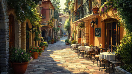 Fototapeta premium A tranquil Mediterranean village street, textured stone walkway, vibrant potted plants along the walls