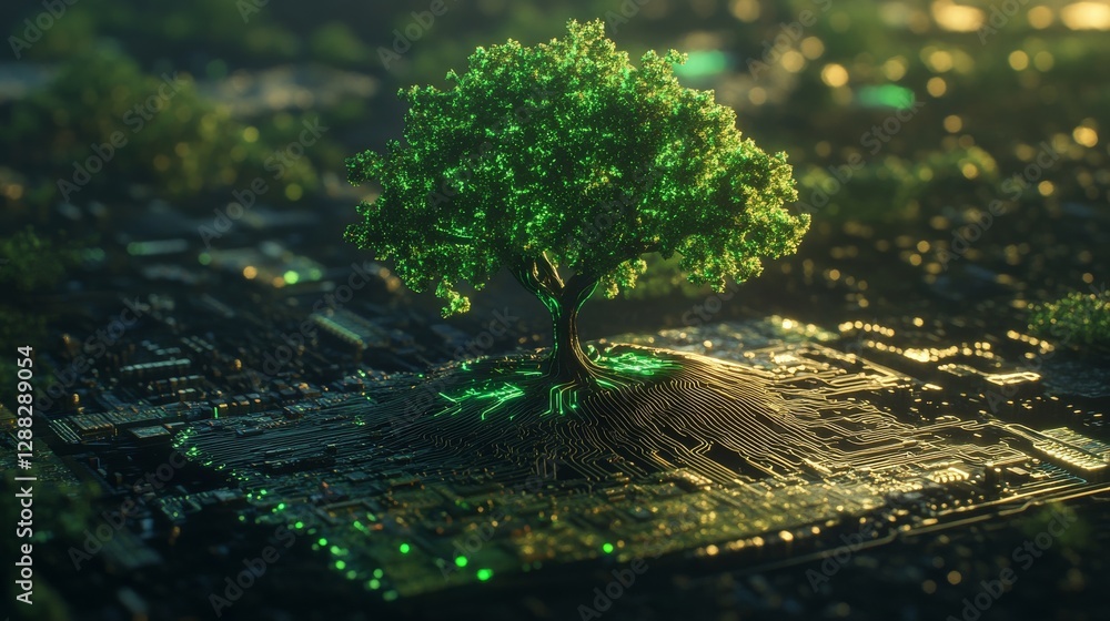 Poster Lone green tree glowing on circuit board with digital lights, symbolizing technology and nature integration concept
