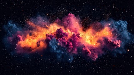 A cosmic-inspired radial powder explosion, blending rich galaxy tones of deep indigo, fiery orange, and glowing turquoise, dispersing