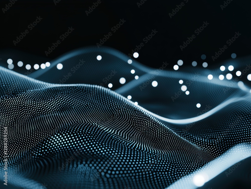 Poster dynamic 3d rendering of a digital landscape with endless glowing points and floating cybernetic line