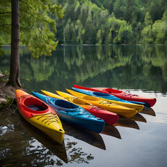 Row of Kayaks on a Calm Lake