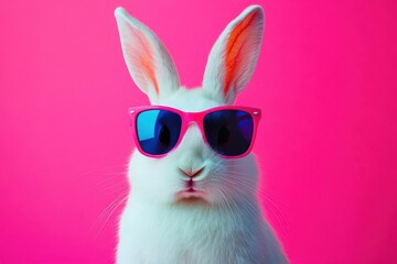 quirky white rabbit in neon sunglasses bold popart background vibrant pinks and blues playful...