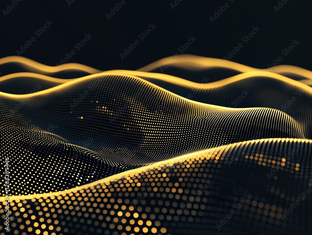 Poster dynamic 3d rendering of a digital landscape with endless glowing points and floating cybernetic line