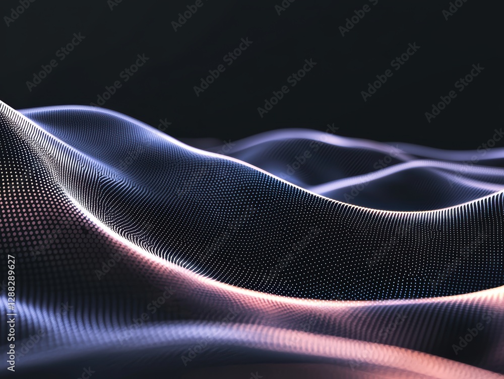 Poster dynamic wave of glowing dots and lines forming a flowing digital grid, representing ai technology an