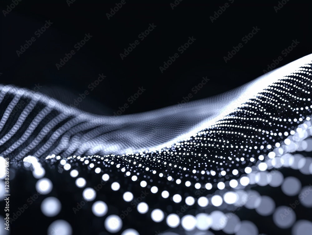 Poster dynamic wave of glowing dots and lines forming a flowing digital grid, representing ai technology an