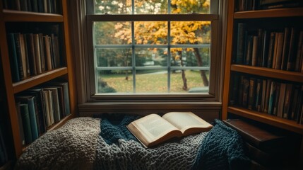 Fototapeta premium A cozy window seat with linen cushions and a soft throw blanket.