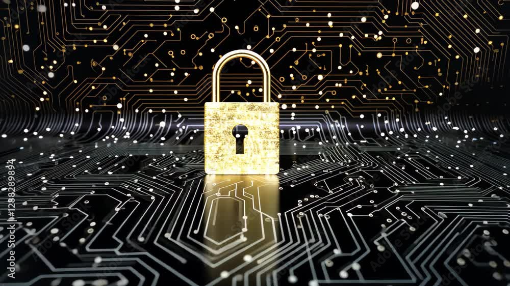 Poster a detailed cybersecurity lock standing on a digital circuit board with intricate lines and glowing e