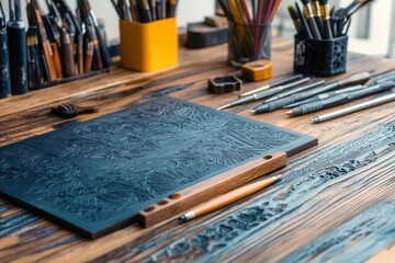 Intricate Etching Plate On Wooden Workbench  Keywords  etching plate, art supplies, wood