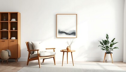 Modern Minimalist Living Room Design: Cozy Chair, Wooden Accents & Art