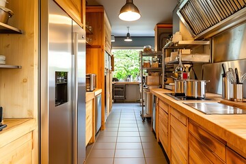 Fototapeta premium A well-equipped commercial kitchen with stainless steel appliances and wooden cabinets, showcasing a professional and modern kitchen design.