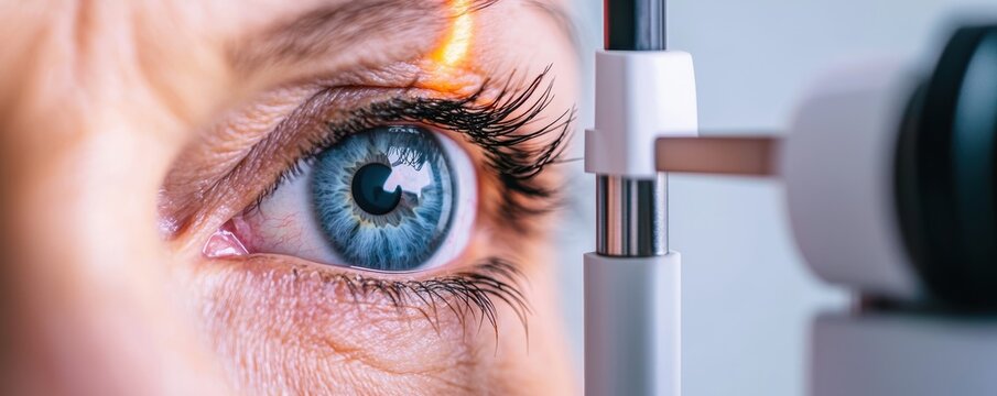 Elderly woman receiving an eye exam at a health clinic, emphasizing senior vision care and preventive health
