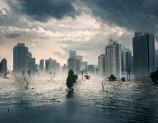 Fototapeta premium Flooded city landscape apocalyptic with a person standing in the foreground