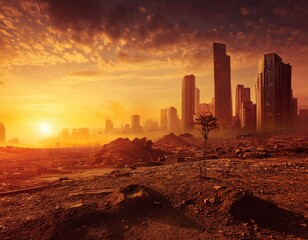 Abandoned city ruins landscape in sunset results of global warming