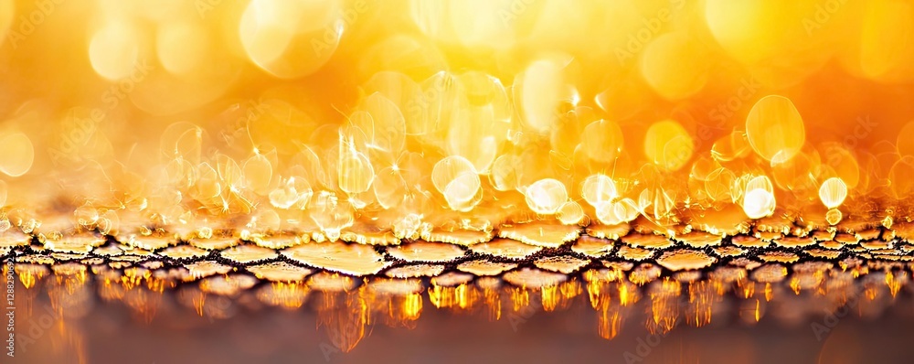 Poster weathering process concept. golden bokeh lights reflected on natural surfaces creating a dreamy atmo