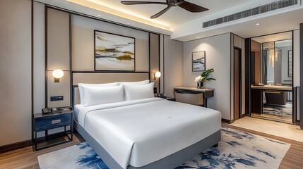 A high-end hotel suite with silk bedding and an elegant ambiance.