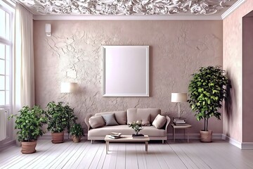A modern and elegant living room with pink walls, white floor, and stylish furniture.