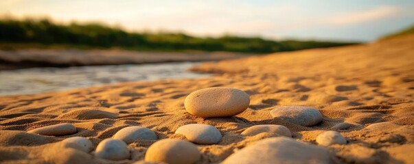 Weathering process idea. A serene view of smooth stones on a sandy riverbank under soft sunlight.