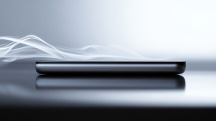 A vaping device on a polished surface with soft, ambient lighting. Featuring smooth, futuristic lines and vapor trails