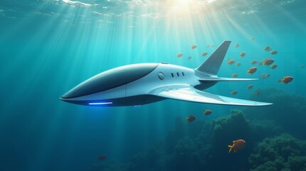 Naklejka premium A futuristic underwater vehicle gliding through the ocean depths, surrounded by vibrant fish. Ideal for themes of technology, innovation, and exploration.