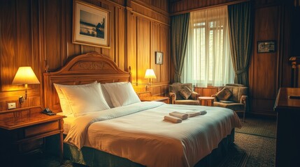 A luxury hotel room with silk curtains and elegant furnishings.