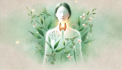 The image represents the connection between the thyroid gland and nature, symbolizing health, energy, and balance. Generated AI.