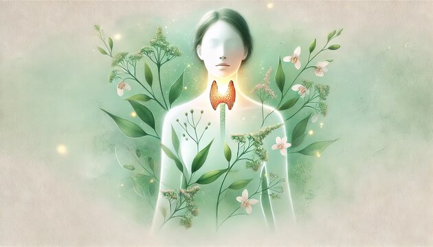 The image represents the connection between the thyroid gland and nature, symbolizing health, energy, and balance. Generated AI.