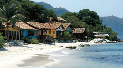 Colorful beach huts, tropical island