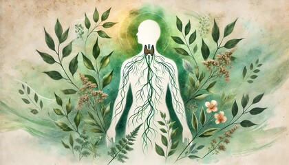 The image represents the connection between the thyroid gland and nature, symbolizing health, energy, and balance. Generated AI.