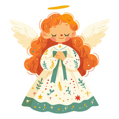 A cute little angel girl is holding a bow with wings and a halo above her head.