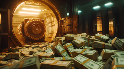 A cinematic view of an open bank vault with piles of cash illuminated by spotlights.