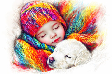 A beautiful colored pencil sketch of a child embracing a fluffy puppy, evoking warmth, love, and deep emotional connection.