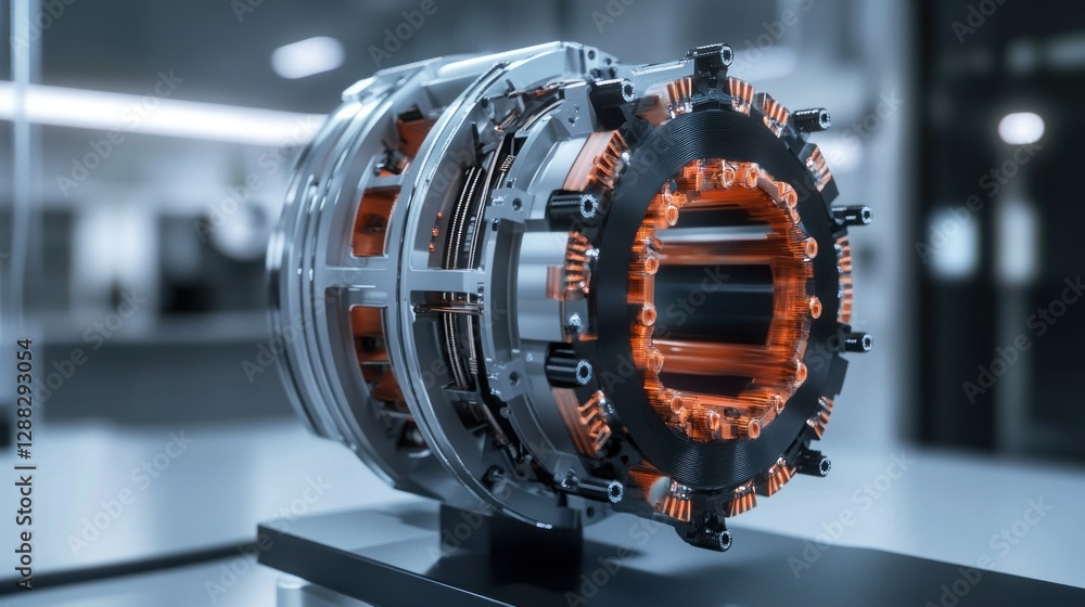 Poster close-up view of a futuristic electric motor showcasing intricate design and engineering in a lab se