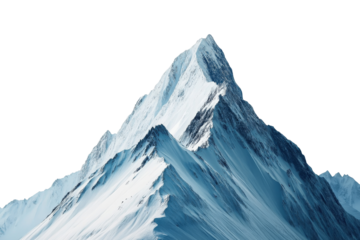 Snow covered mountain peak with sharp ridges and clear blue sky isolated on transparent background