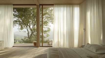 Fototapeta premium A modern guest bedroom with linen curtains and a minimalist touch.