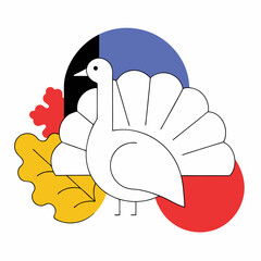 Minimalist Thanksgiving Turkey Illustration: White Bird, Autumn Leaves.