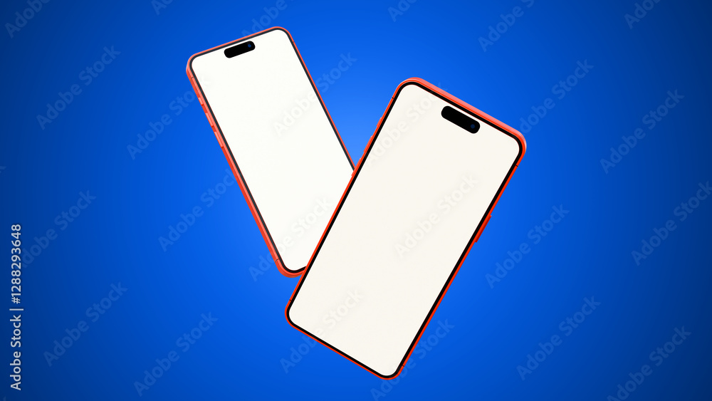 Poster blank screen smartphone mock up on a blue background. empty screen mobile phone mock up for presenta