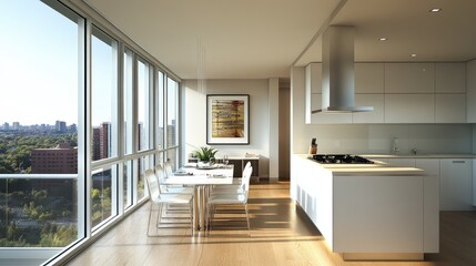A modern high-rise condo with a sleek kitchen and a compact dining area.