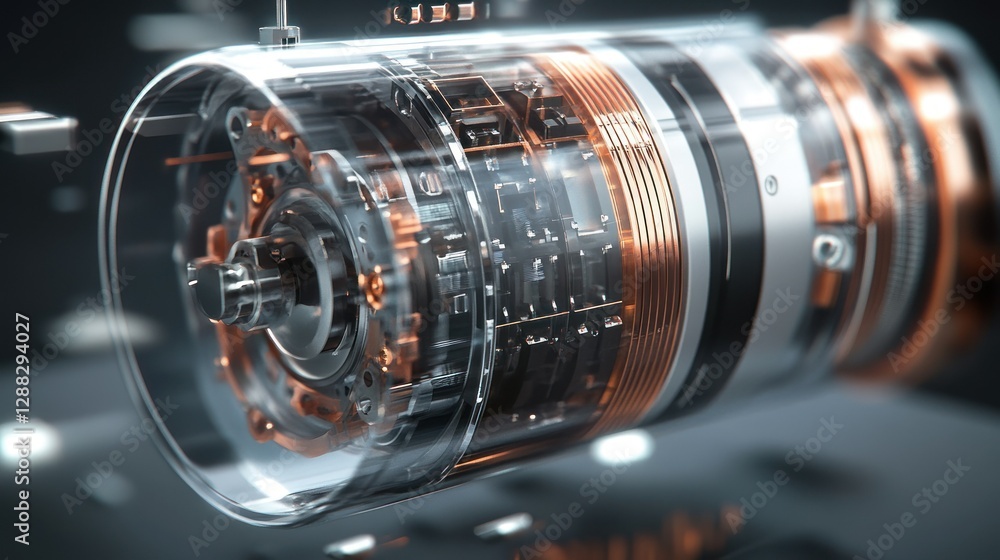 Poster detailed view of a transparent electric motor showcasing intricate components and design