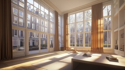 A modern living space with silk curtains flowing in natural light.