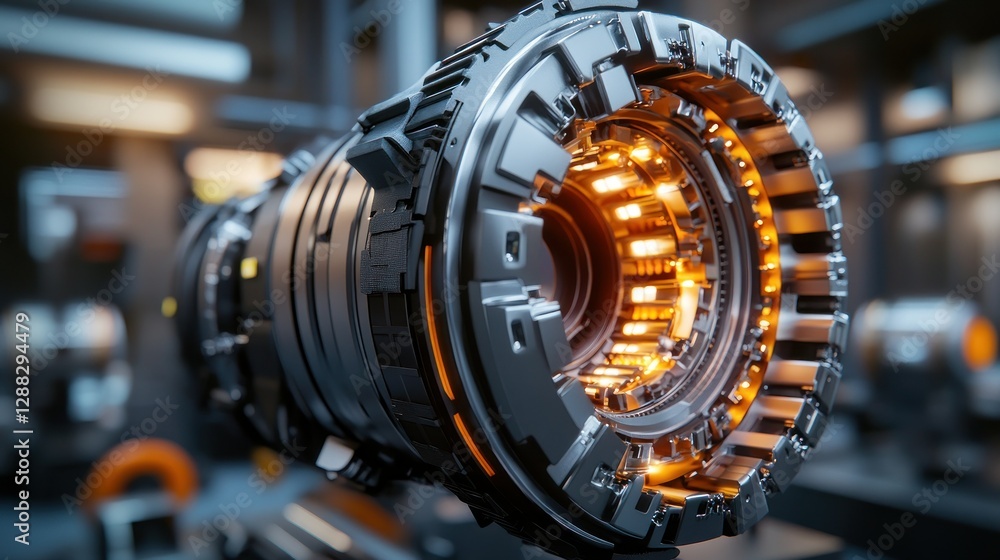 Poster close-up view of a futuristic mechanical lens with glowing elements in a high-tech workshop