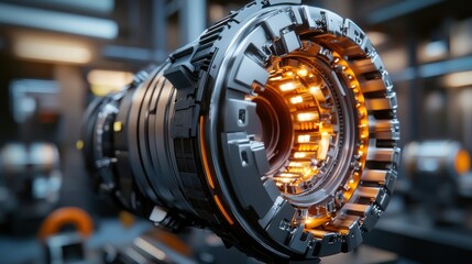 Fototapeta premium Close-up view of a futuristic mechanical lens with glowing elements in a high-tech workshop