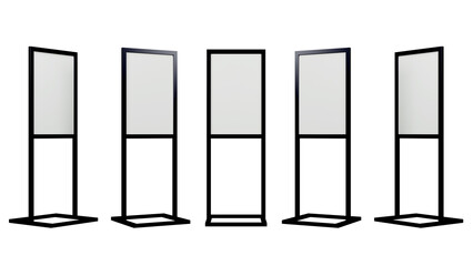 Set of blank white advertising sign holder stand mock up. Floor standing poster frame mock up. Frame template for advertising.