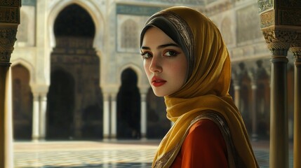 Young woman in a vibrant headscarf gazes thoughtfully in a historic courtyard setting
