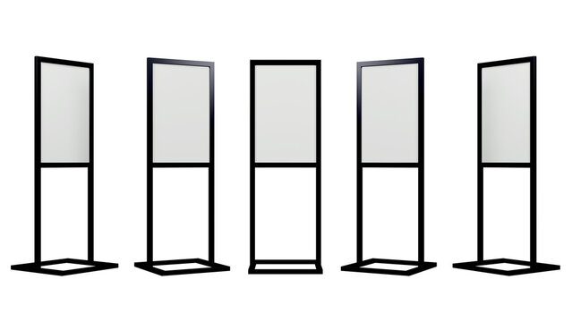 Set of blank white advertising sign holder stand mock up. Floor standing poster frame mock up. Frame template for advertising.