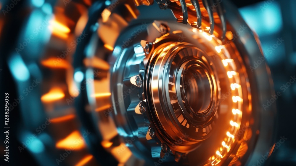 Poster close-up view of a futuristic mechanical component with glowing elements and intricate design