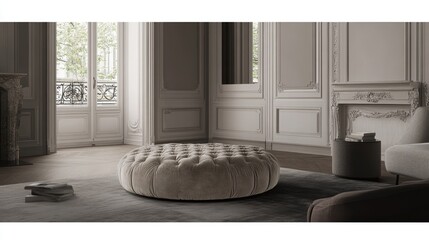 A plush velvet ottoman placed in a stylish living space.