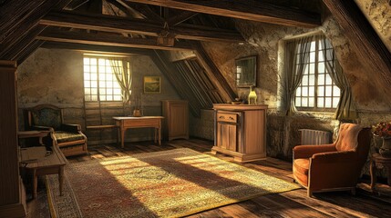 Fototapeta premium A rustic home interior with a wool carpet and wooden furniture.