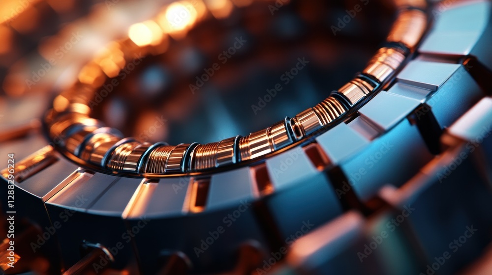 Poster close-up of a metallic circular component showcasing intricate details and reflections