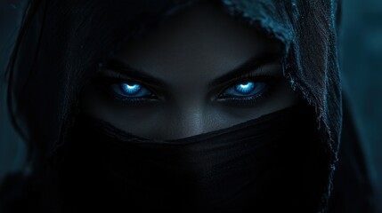 Naklejka premium Mysterious figure with glowing blue eyes, shrouded in darkness, evokes intrigue and suspense